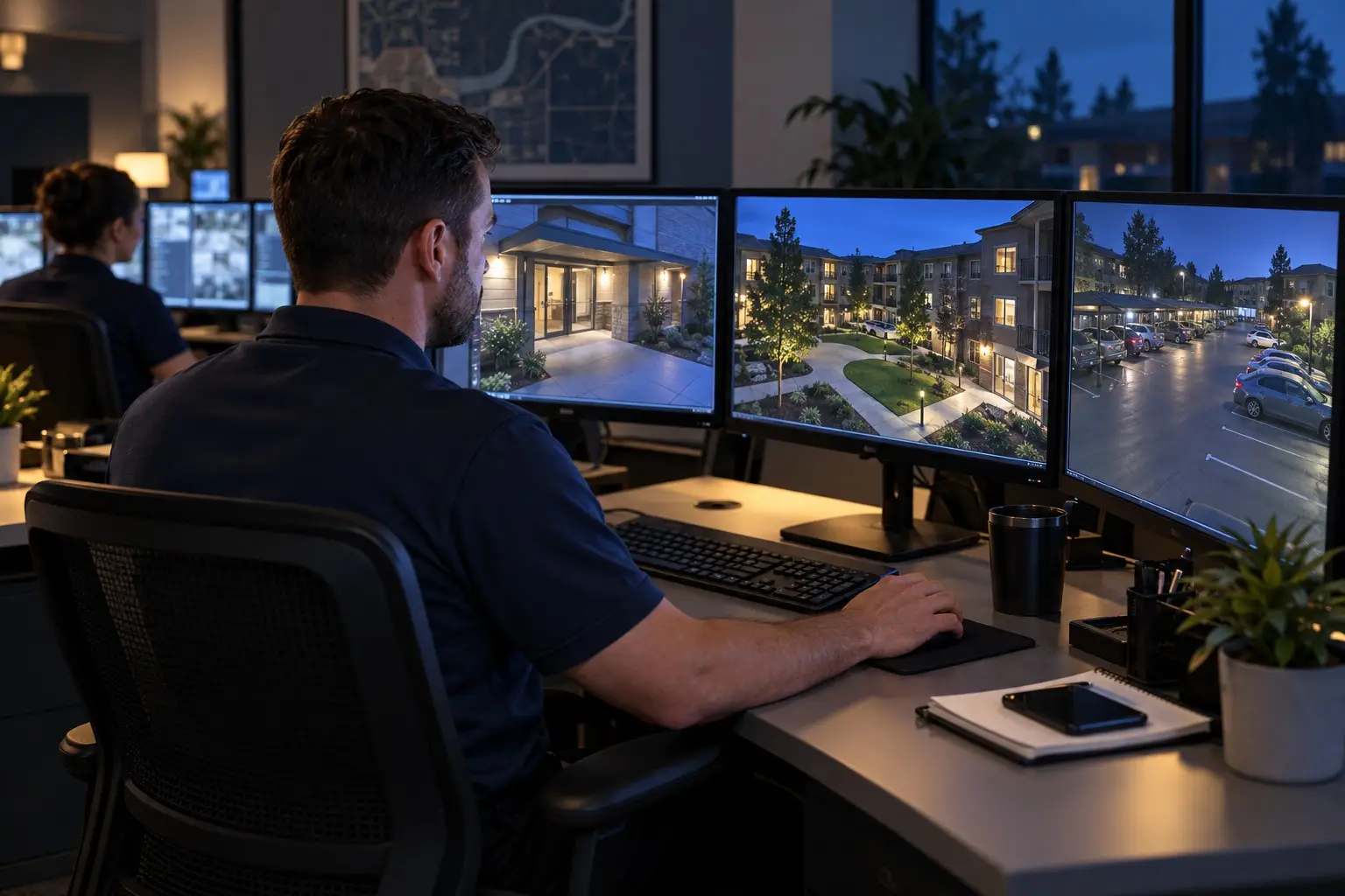 Illustrative photo of a security operator watching apartment entrances and parking areas on monitors