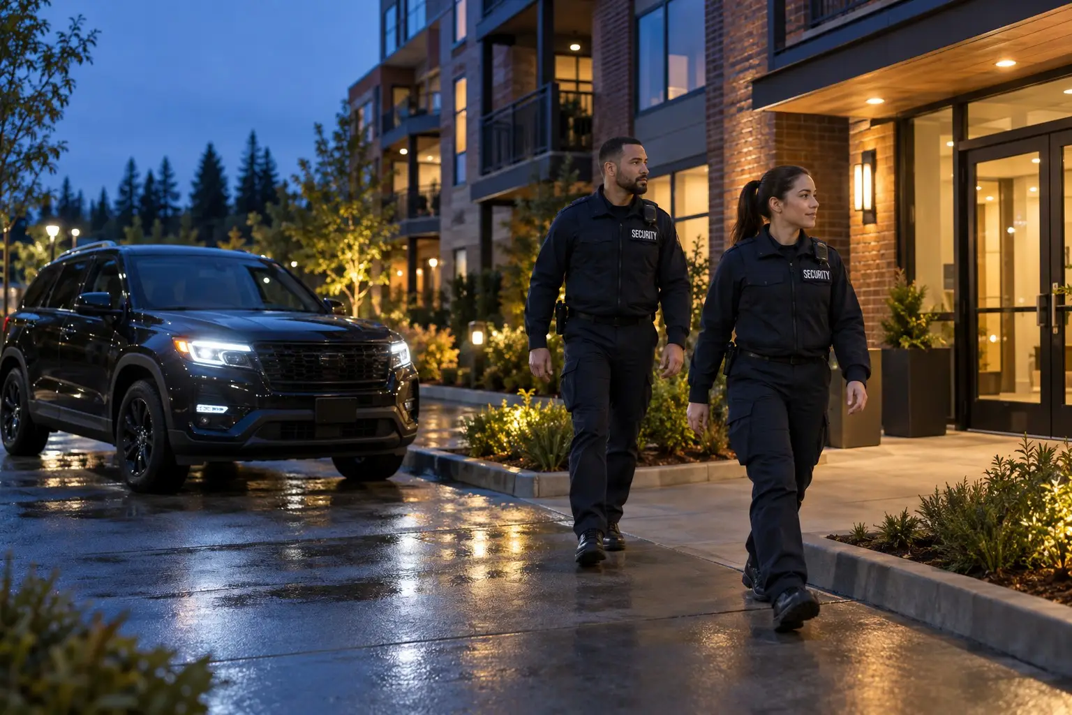 Illustrative photo of two private security officers arriving at an apartment community at dusk